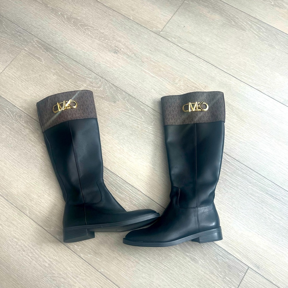 Black and Brown Knee-High Boots with Gold Logo NWOT